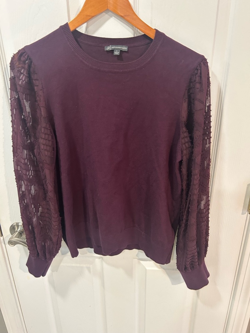 Adrianna Papell Eggplant Lace Puff Sleeve Sweatshirt